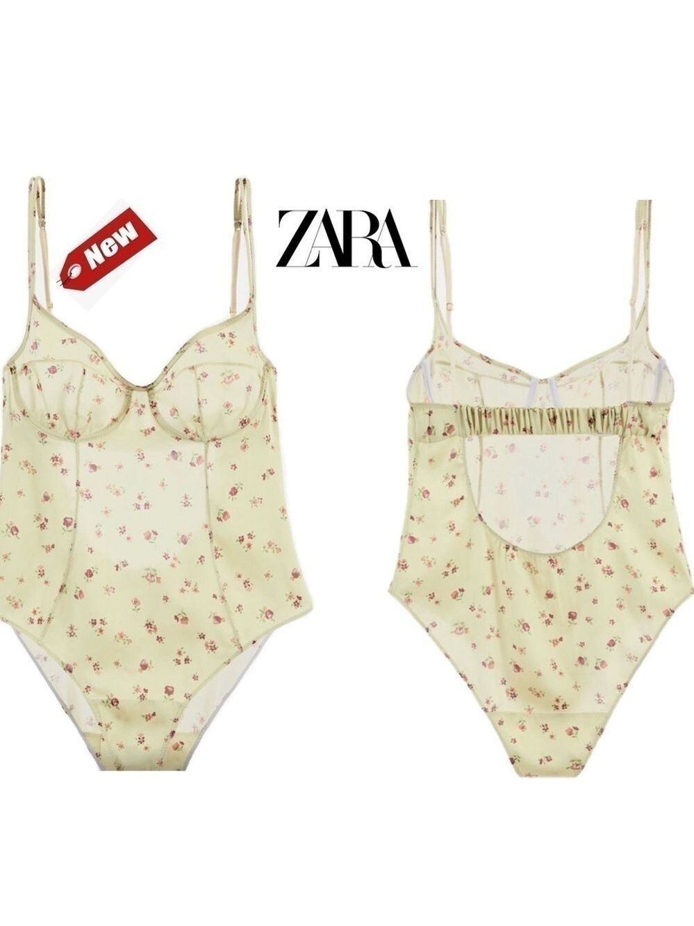 Zara light yellow satin spaghetti strap sweetheart neckline floral bodysuit NWT